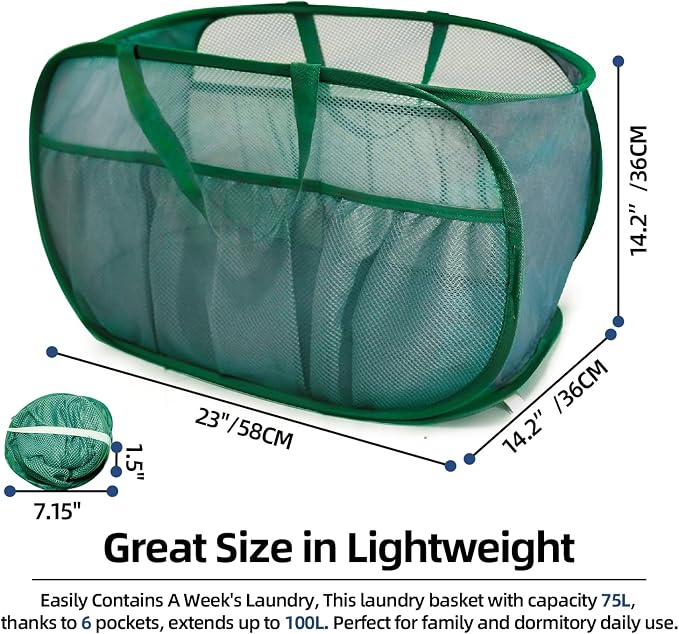 2 Pack Collapsible Laundry Baskets, Upgrade Pop Up Laundry Hamper with Convenient Bags, Foldable Laundry Basket Mesh Light Weight, Easy to Carry Clothes Hampers for Laundry, Dorm, Toys, Travel Green