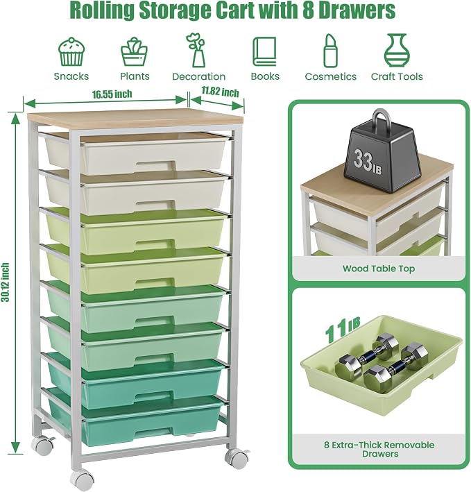 Rolling Storage Cart with 8 Drawers & Wooden Tabletop, Utility Cart On Wheels for Craft Storage, Home, School, Bedroom, Living Room, Dorm, Office, Classroom Storage Organizer Cart, Green, White