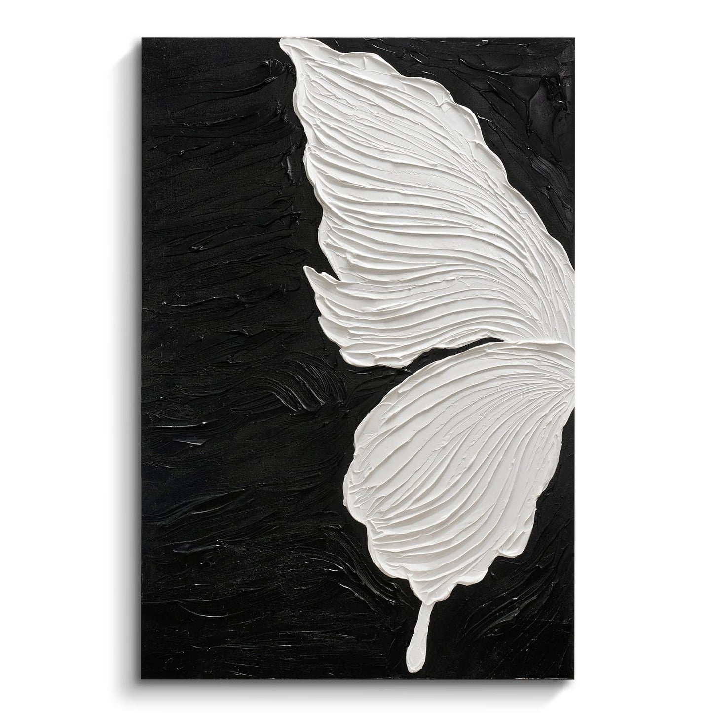 JUHOME Abstract Butterfly Canvas Wall Art – 24x36 Original Hand-Painted Black &White Textured Butterfly Wing Oil Painting on Black Canvas, Modern Minimalist Vertical Wall Decor for Living Room Bedroom