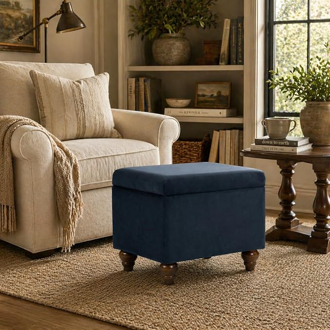Spatial Order Home Decor | Upholstered Medium Rectangular Storage Ottoman | Hinged Lid Ottoman with Storage for Living Room & Bedroom, Blue Velvet