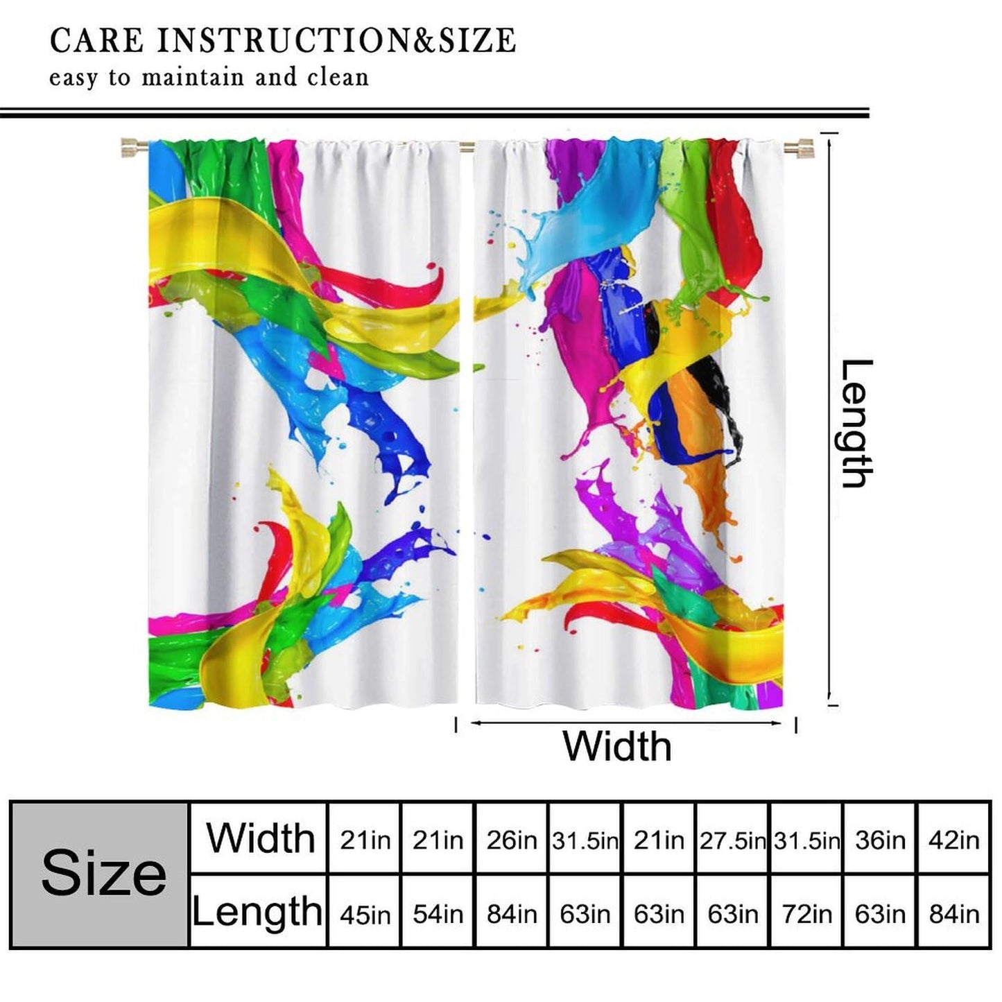 Yoakiet Colorful Paint Curtains, Rainbow Color Creative Abstract Splatter Paint Painting Art White Background Print Rod Pocket Window Treatments Drapes for Bedroom Kitchen Living Room 42" W X 45" L
