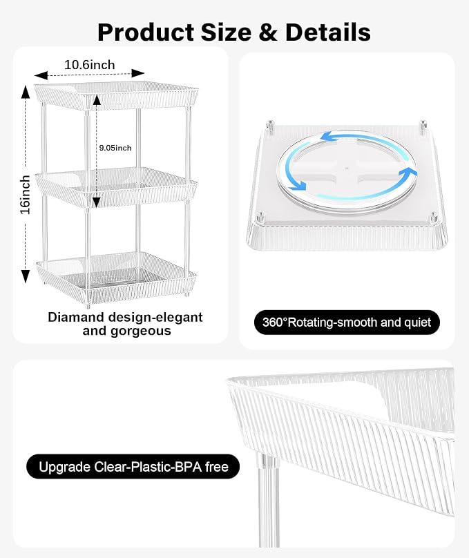 3 Tier Lazy Susan Bathroom Countertop Organizer, 360° Clear Rotating Square Storage Tray, Cosmetics and Perfume Organizer, Spinning Storage Tray Vanity Organizer Shelf for Bathroom Cabinet, Kitchen