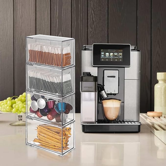 ELLDOO 4 Drawers Tea Bag Organizer, Clear Acrylic Stackable Tea Bag Storage Holder for Kitchen Pantry, Coffee Pod Snack Storage for Countertop Cabinet