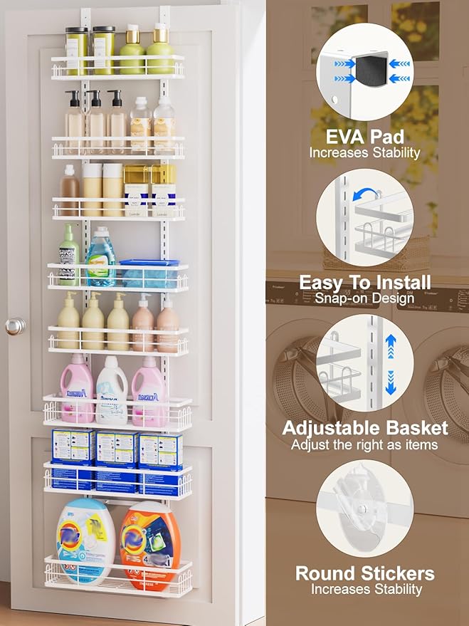 Delamu 9 Tier Over The Door Pantry Organizer, Pantry Organization and Storage, Hanging Spice Rack for Pantry Door Organizer, Metal Pantry Door Shelves for Kitchen Bathroom Laundry Room,15.3" White