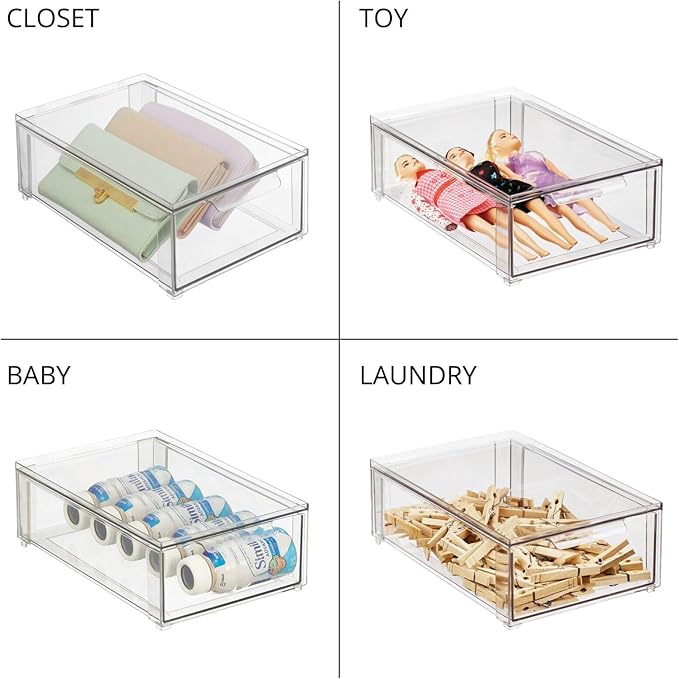 mDesign Plastic Stackable Bathroom Storage Organizer Bin Containers with Front Pull Drawer for Bathroom Countertop, Vanity, Closet Shelves - Holder for Beauty Accessories - Lumiere Collection - Clear