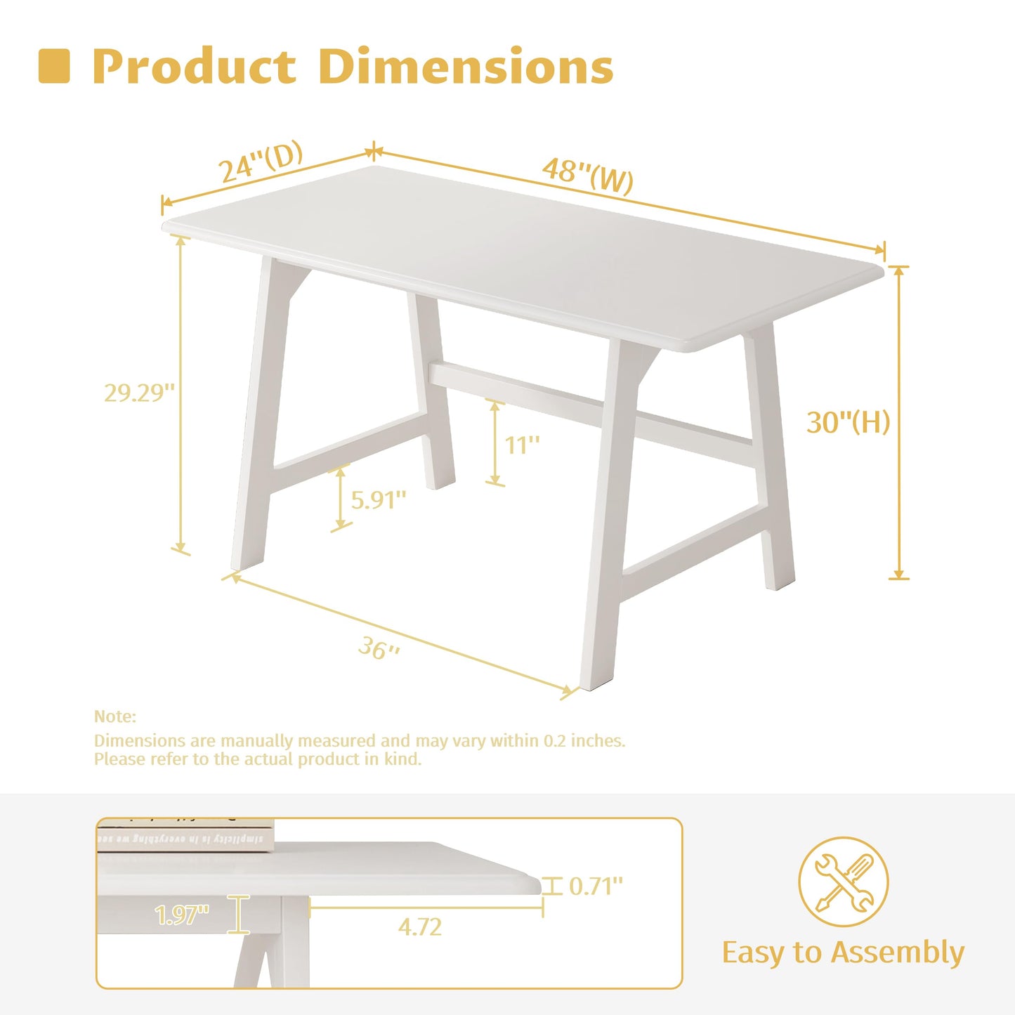 IOTXY Solid Wood Writing Table - 48" W x 24" D Minimalist Computer Desk for Home Office, Work, Study, Creativity, and PC Workstation, White