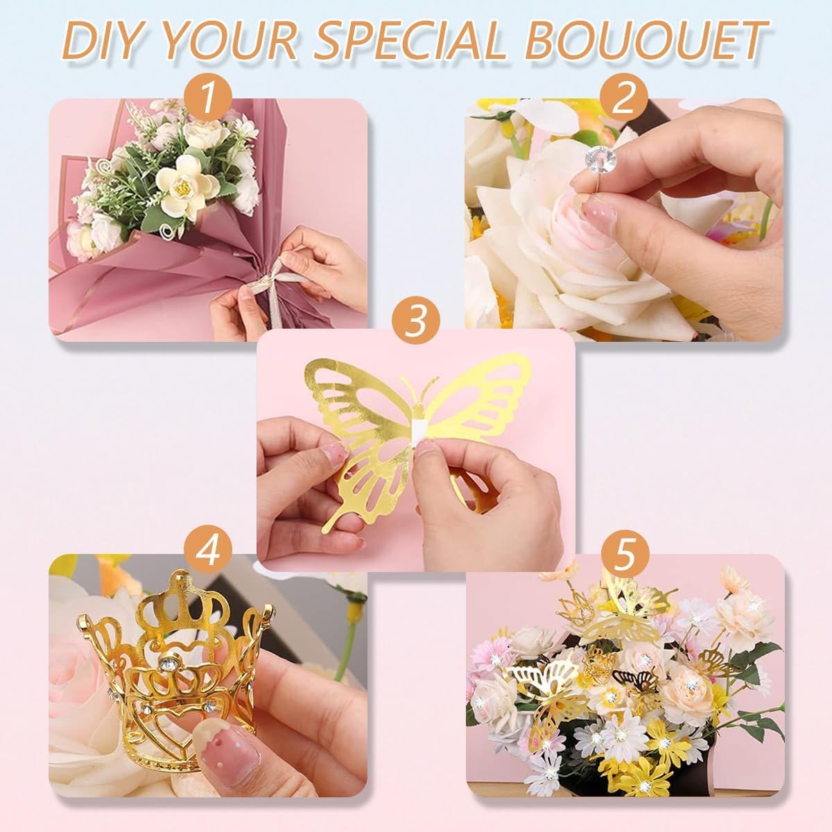 Majreey Floral Wrapping Paper Kit, 80Sheet Waterproof Floral Paper, 3Rolls Ribbon for Flower Bouquet, 2Rolls Transparent Tape,100Pcs Flower Pins, 48Pcs 3D Butterflies, 9Pcs Crowns for Florist Wrapping