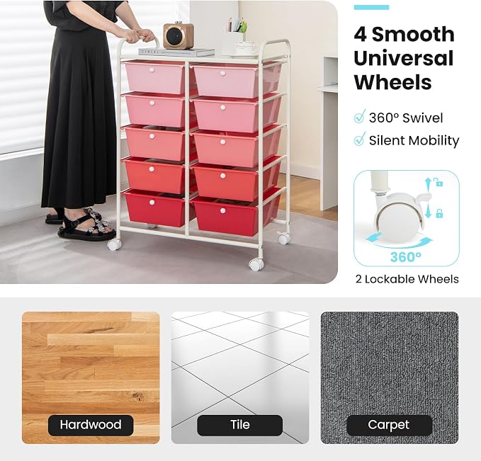Giantex 10 Drawers Rolling Cart, Classroom Organizers, Storage Cart with Wheels, for Teacher Office Home School Supplies Tool Craft Art Paper, Pink Gradient