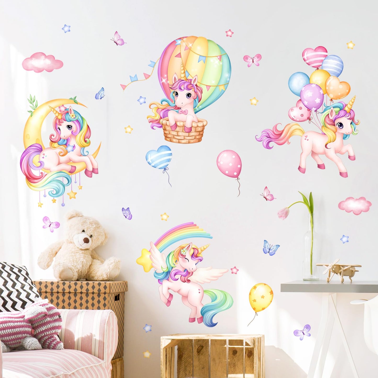 Unicorn Rainbow Wall Decals Hot Air Balloon Moon Clouds Stars Wall Stickers Baby Nursery Girls Bedroom Kids Room Wall Decor
