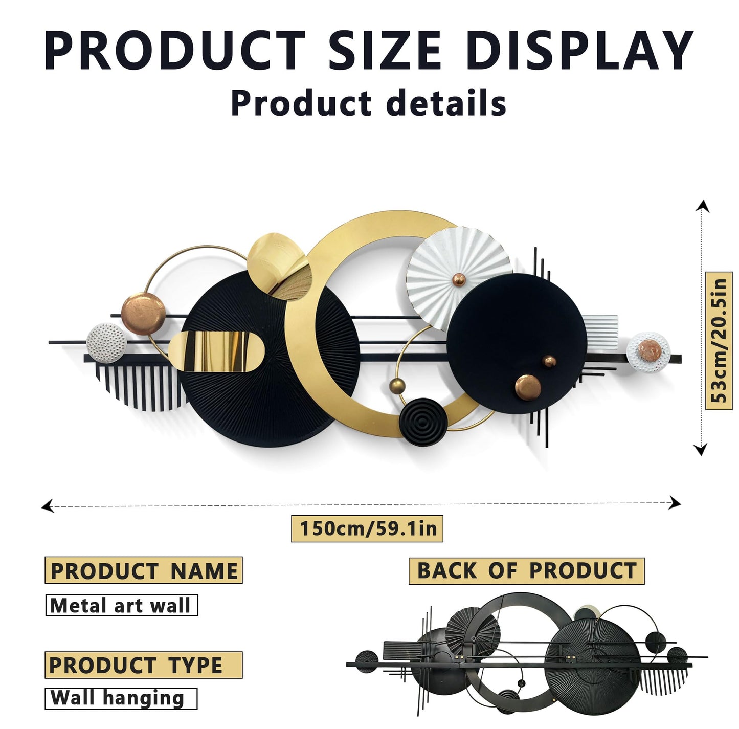 Large Modern Abstract Metal Wall Art, Black and Gold Geometric Circles Wall Decoration, Contemporary Home Decor,59 × 24 inches Wall Art for Living Room/Dinning Room/Bedroom/Entryway/Kitchen/Office