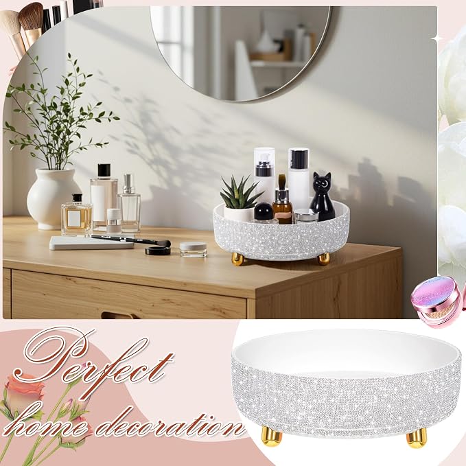 Honeydak Bling Perfume Makeup Organizer Bling Mother's Day Nurses Day Gifts for Women Bathroom Organizers and Storage 360 Rotating Makeup Organizer for Countertop(1 Tier,Rhinestone,White)