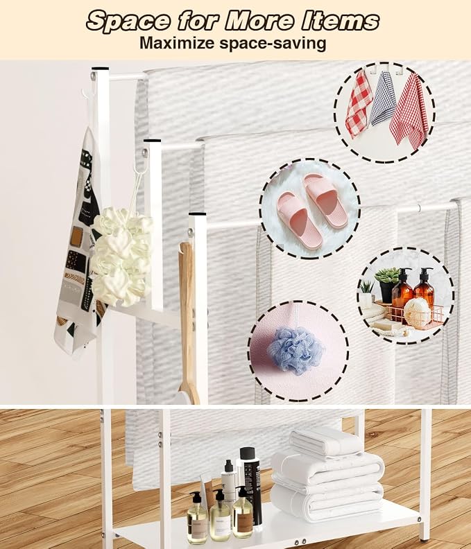 Mondazie 44” Tall Free Standing Towel Racks with 6 Hooks for Bathroom, 3 Tiers Oversized Pool Bath Towels Drying Stand, Metal Blanket Ladder Holder with Storage Shelf for Bedroom Living Room, White