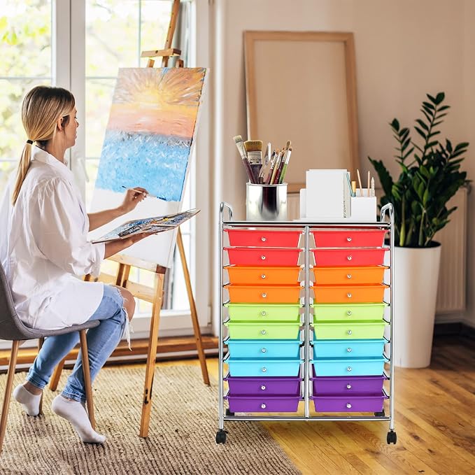 COSTWAY 20-Drawer Rolling Storage Cart, Utility Storage Organizer Cart for Tools, Scrapbook, Paper, Craft, Multipurpose Storage Trolley on Wheels for Home Office School (Multicolor)