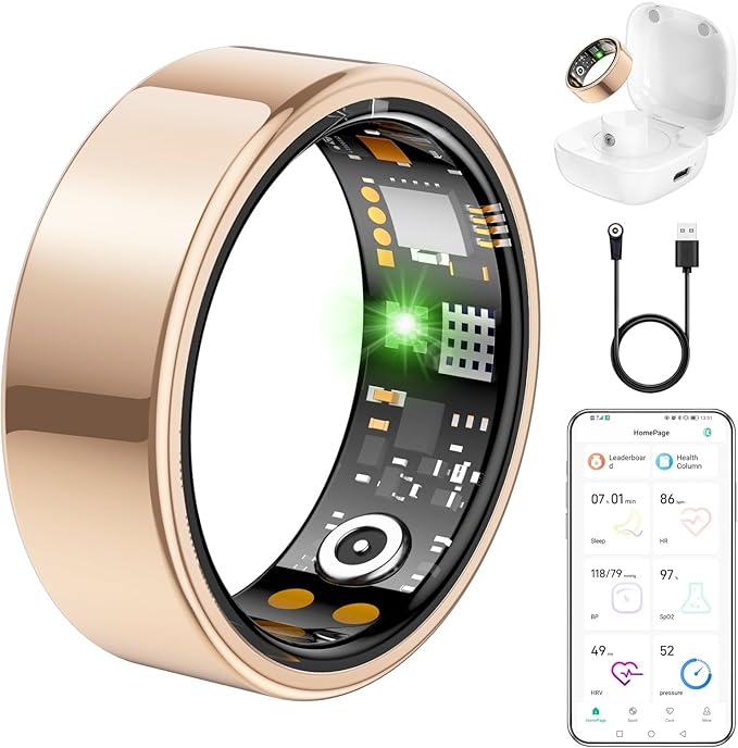 Ring Health Tracker for Women Men, Fit Ring with Heart Rate, Blood Oxygen, Sleep Monitor, Calories, Step Counter, IP68 Waterproof Smart Ring for iPhone & Android, No Subscription Fee (Rose Gold, 12#)