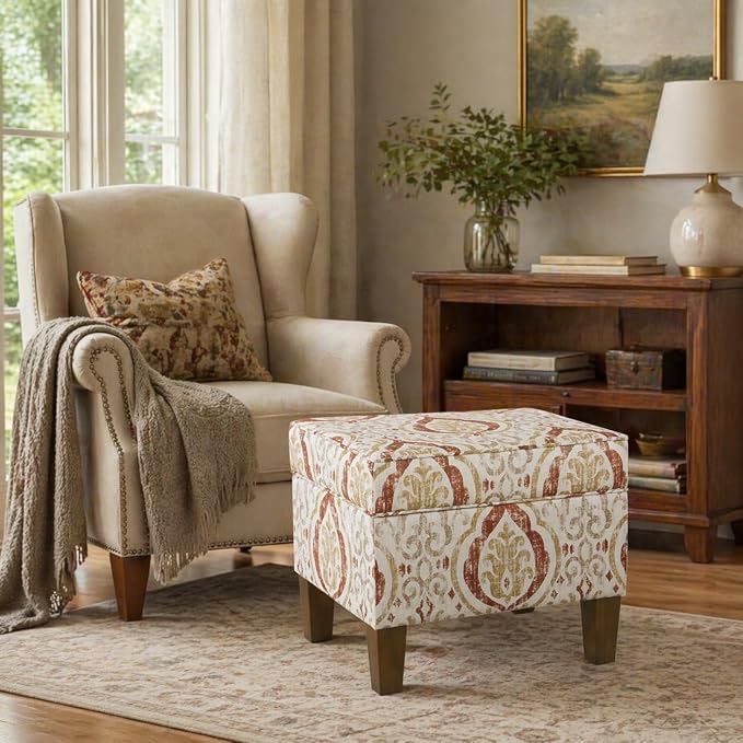 Spatial Order Square Ottoman - Burnt Orange and Cream Medallion