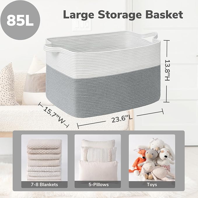 Goodpick Large Blanket Storage Baskets for Organizing, Woven Basket for Blankets, Clothes, Toy Basket Storage Kids, Rectangle Rope Baskets for Storage, 23.6" x 15.7" x 13.8"