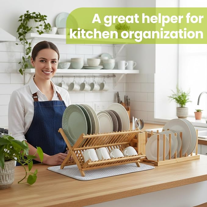 6 Pcs Plate Organizer Set for Cabinet 2 Tier Bamboo Collapsible Dish Rack with Utensil Holder Plate Holder and Mat for Kitchen Organizer Cabinet Pot Lid, Bowl, Cup, Chopsticks, Utensils
