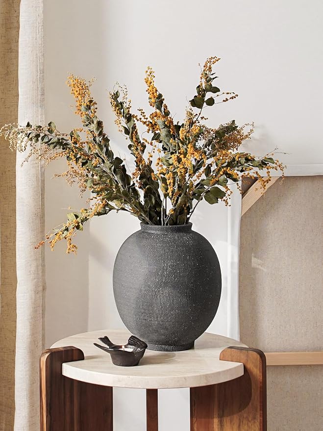 Large Blak Ceramic Vase - 9.8 Inch Rustic Farmhouse Flower Vase for Home Decor, Minimalist Tall Vases for Living Room, Table, Bathroom, Holiday & Weddings,Sandstone Dark Grey