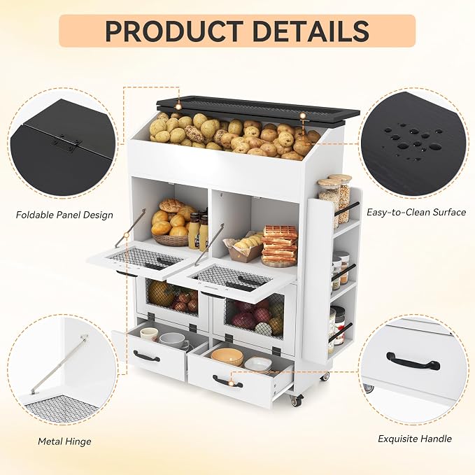 Verano Garden Large Potato and Onion Storage Bin on Wheels, Wood Bread Box w/Lid & Mesh Doors, 4-Tier Rolling Fruit and Vegetable Storage Organizer w/Grocery Section & Side Rack (White, 31.5")