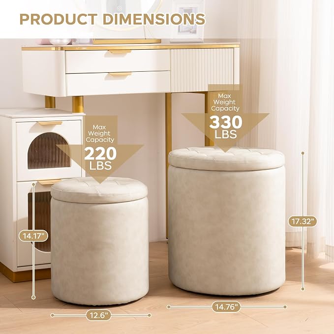 oakvivo Faux Leather Round Ottoman with Storage 12.6" W x 14.17" H & 14.76" W x 17.32" H Set of 2, Small Boucle Coffee Table Footstool with Removable Lid for Living Room, Bedroom, Beige