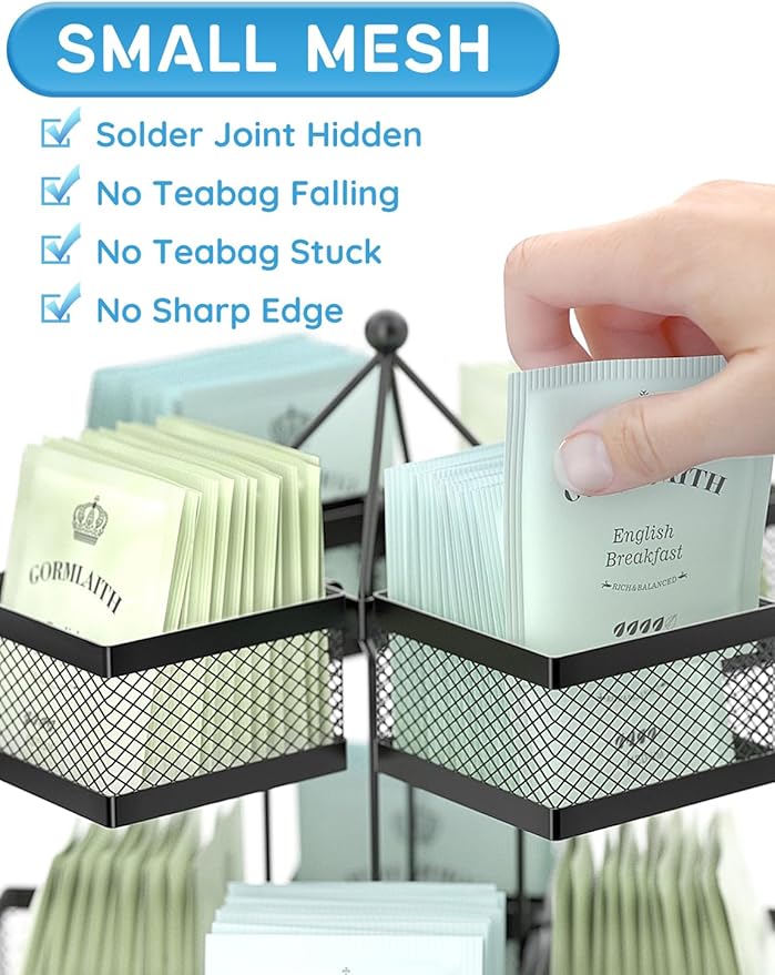 Tea Bag Organizer, Tea Bag Storage Holder Spinning Carousel 96 Teabags Container, Lazy Susan Coffee Creamer Sweetener Tea Caddy for Kitchen Counter Cabinet Pantry Shelf Organizer