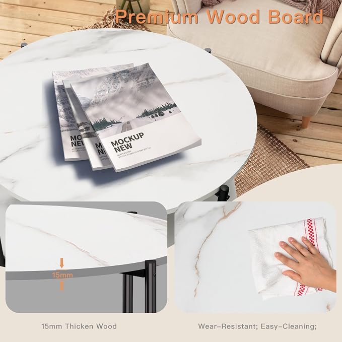 FAMIDGE Round Coffee Table, 27.6" Circle Coffee Table for Living Room, 2-Tier Wood Accent Center Table with Open Storage Industrial Design Home Furniture, White