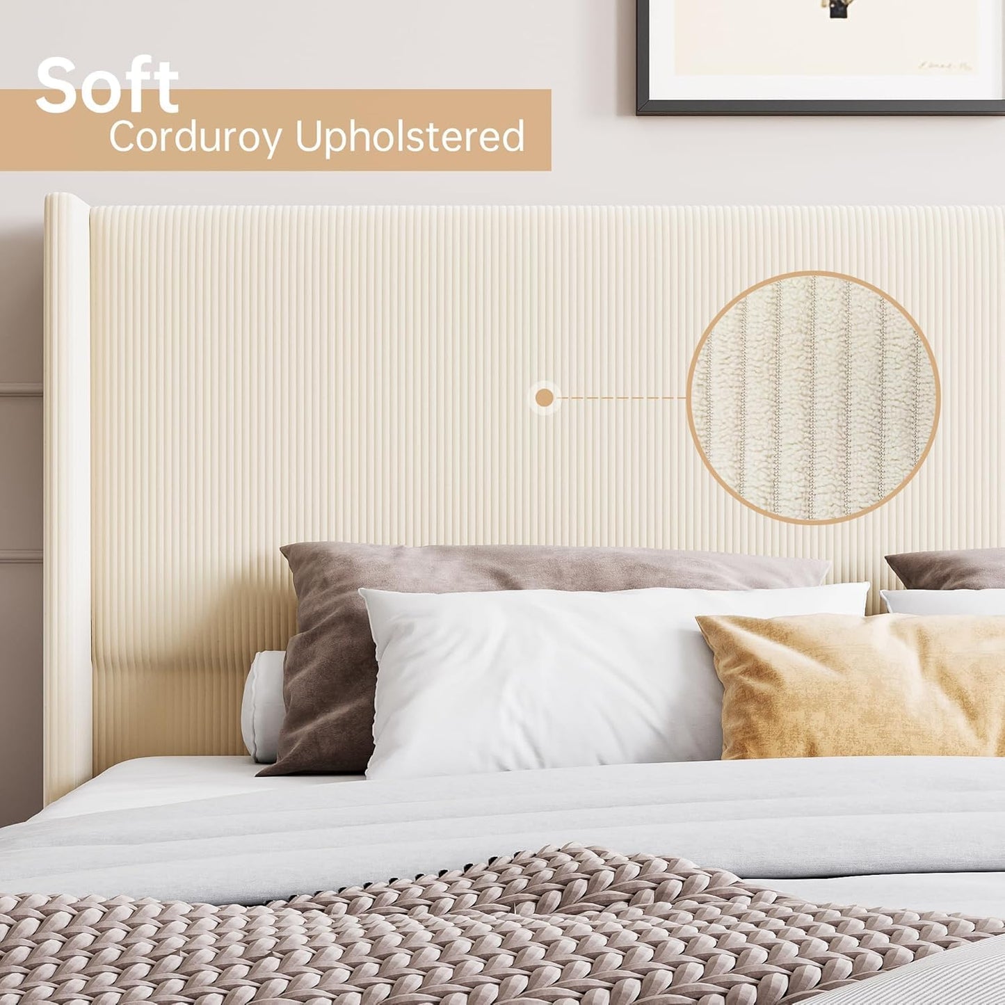 GarveeHome Queen Bed Frame, Upholstered Platform Velvet Bed Frame Queen Size with Vertical Channel Tufted Wingback Headboard, Strong Wooden Slats, No Box Spring Needed, Easy Assembly, Beige