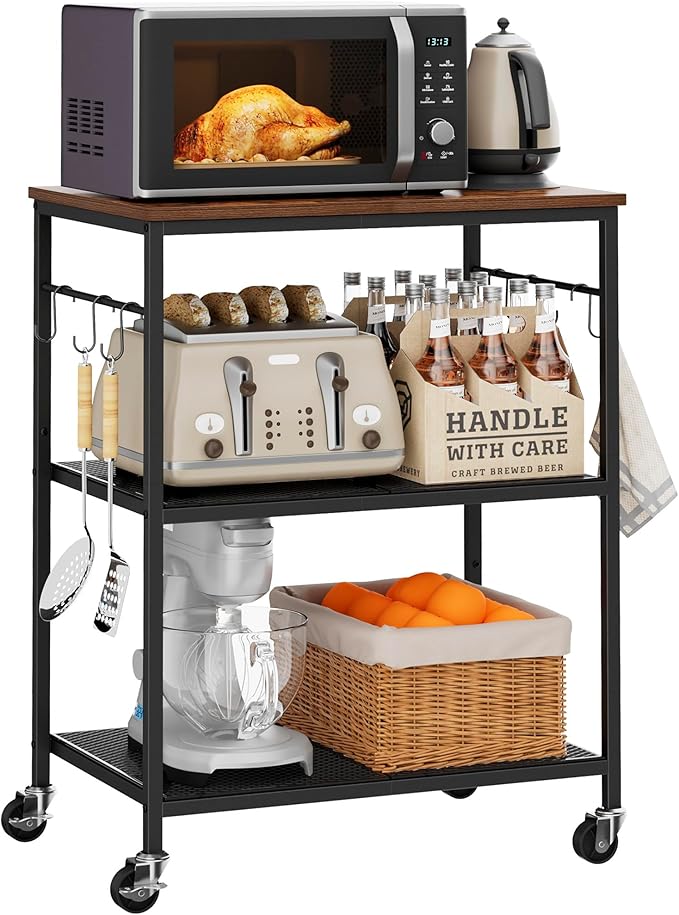 Homleke 3-Tier Rolling Kitchen Microwave Cart, Kitchen Utility Cart on Lockable Wheels, Coffee Bar Table Station with 6 S-Shaped Hooks, Small Appliance Storage Shelf, Rustic Brown and Black