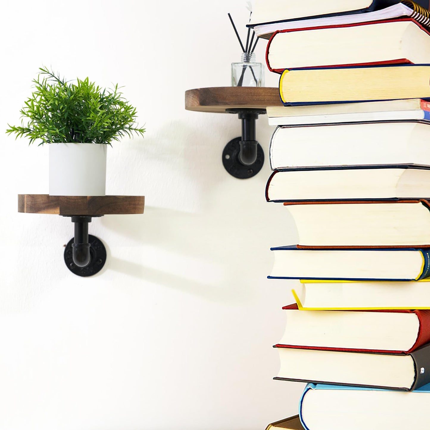 Un-OPENED BOX Round Wooden Floating Shelves Wall Mounted (Set of 2). Made of Acacia Wood. Industrial Pipe Brackets. A Unique Rustic Pedestal for Plants and Ornaments. Diameter 7.1 inches.