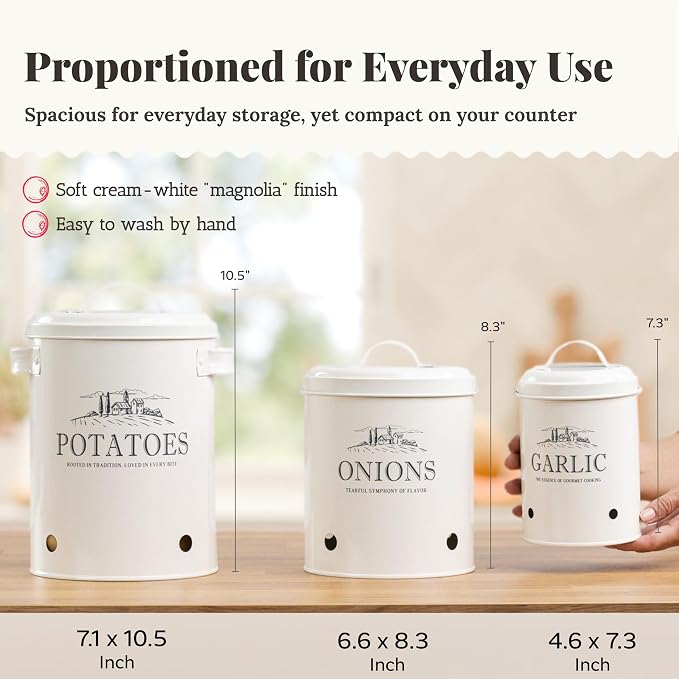 noonberry Potato and Onion Storage Bin Set - 3-Piece Ventilated Potato Storage Bin, Onion Storage Container and Garlic Container - Cream-White Magnolia Finish