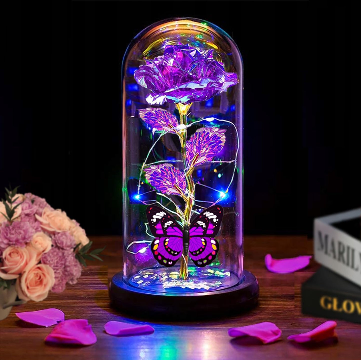 Thrjia Mothers Day Roses Flowers Gifts for Mom Women Wife Her,Mother Day Rose Gifts for Mom Women,Light Up Rose in A Glass Dome Butterfly Birthday Presents Wife Grandma from Daughter Purple Rose