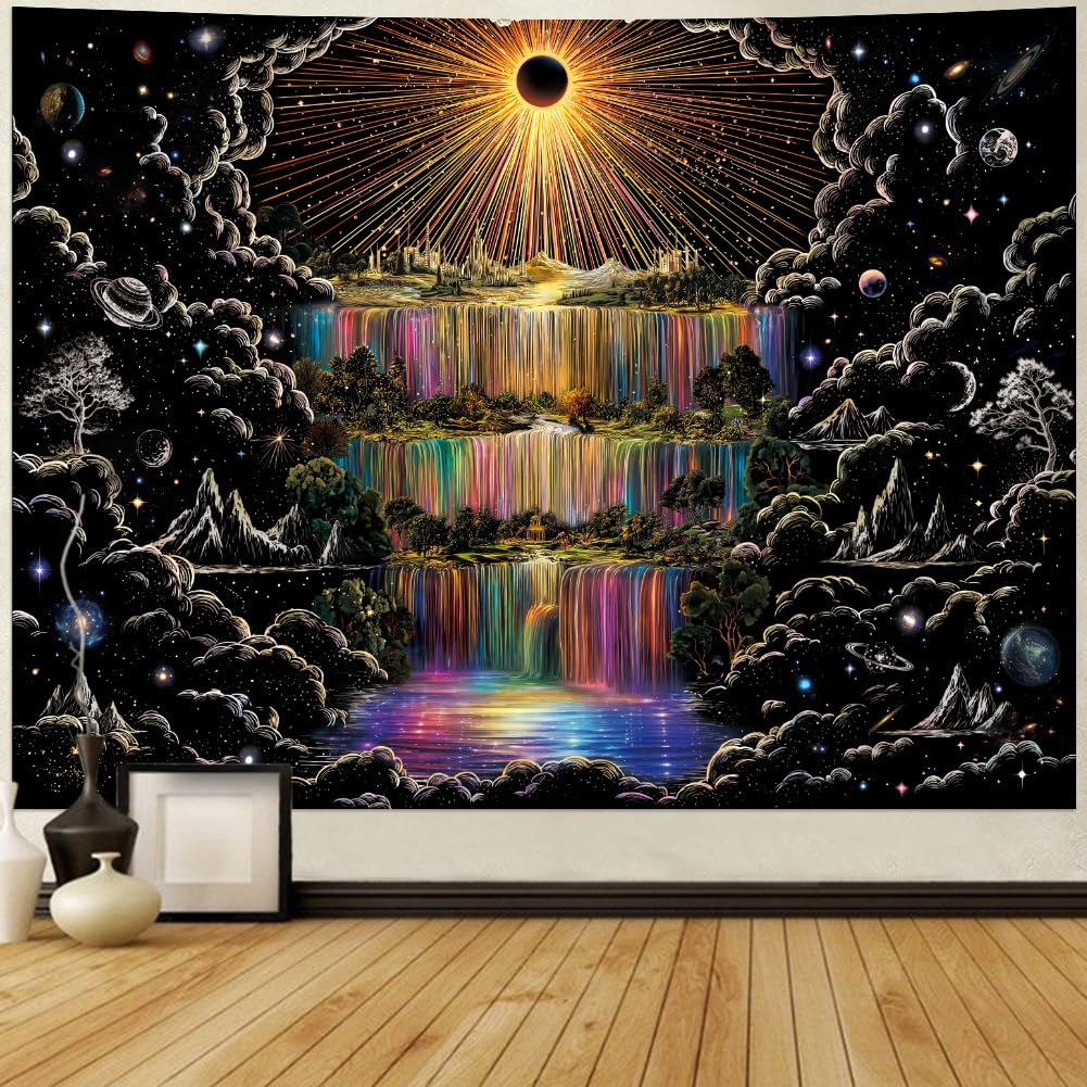 Lahasbja Galaxy Waterfall Tapestry Trippy Sun Wall Hanging Aesthetic Cosmic Space Tapestries Black and White Mountain Forest Trees Wall Decor Hippie Sketched Nature Landscape Backdrop for Bedroom