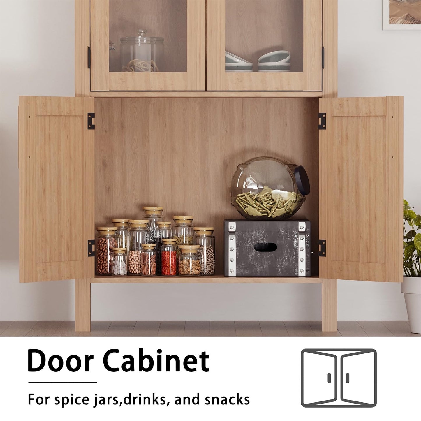 Garvee 60" Kitchen Pantry Storage Cabinet, Large Arched Display Cabinet with 4 Glass Doors, 4-Tier Freestanding Organizer for Bathroom, Entryway, Dining Room, Modern Wood Storage Hutch