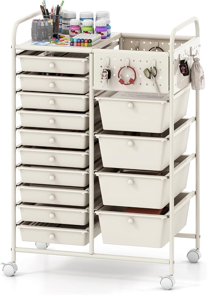 Giantex 14 Drawer Storage Cart, Rolling Craft Cart with Metal Tabletop & Pegboard, Mobile Utility Organizer Trolley with Locking Wheels, Home Office, Ivory
