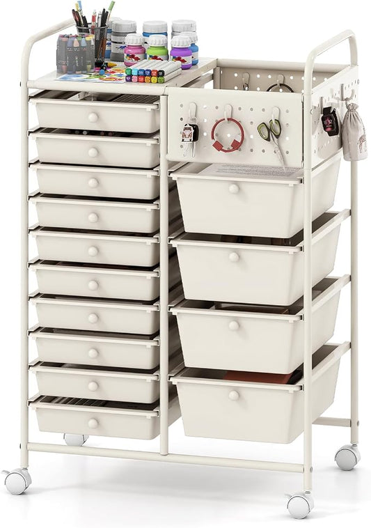 Giantex 14 Drawer Storage Cart, Rolling Craft Cart with Metal Tabletop & Pegboard, Mobile Utility Organizer Trolley with Locking Wheels, Home Office, Ivory