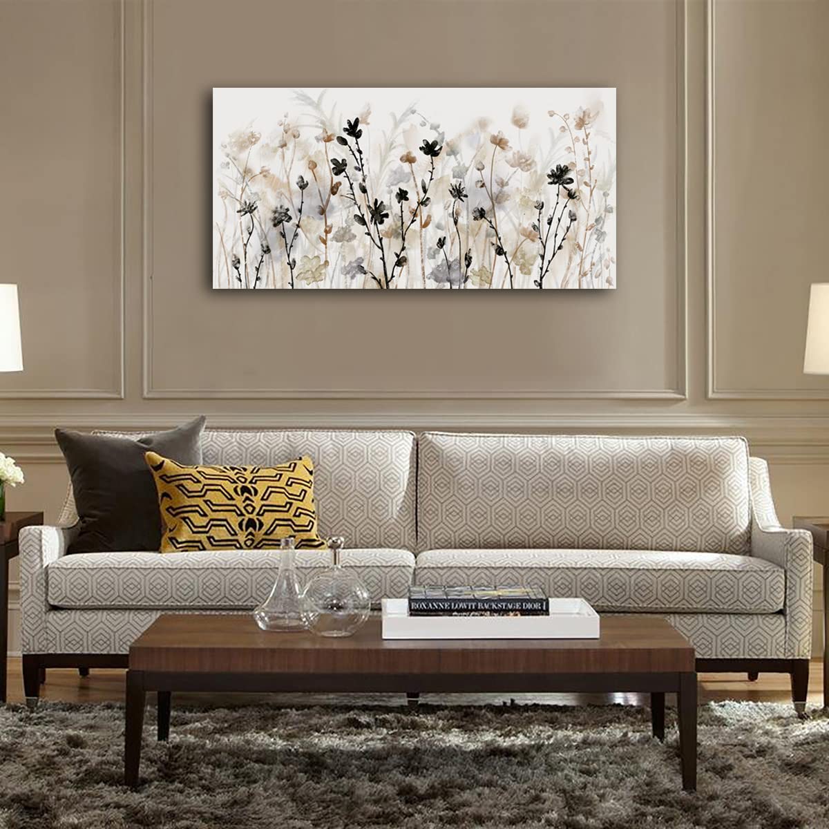 Framed Flower Canvas Wall Art Abstract Grey Cream Brown Wildflowers Canvas Pictures Landscape Artwork Canvas Prints for Home Living Room Bedroom Kitchen Office Wall Decor Ready to Hang 24"x 48"