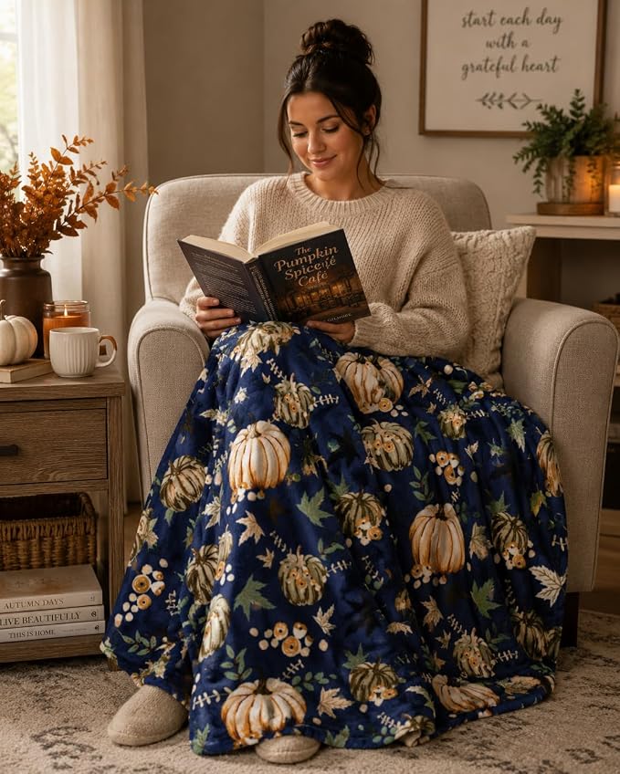 Fall Pumpkin Throw Blanket: Soft Orange White Pumpkins Leaves and Berries on Blue Background for Living Room Couch Bed Chair or Dorm