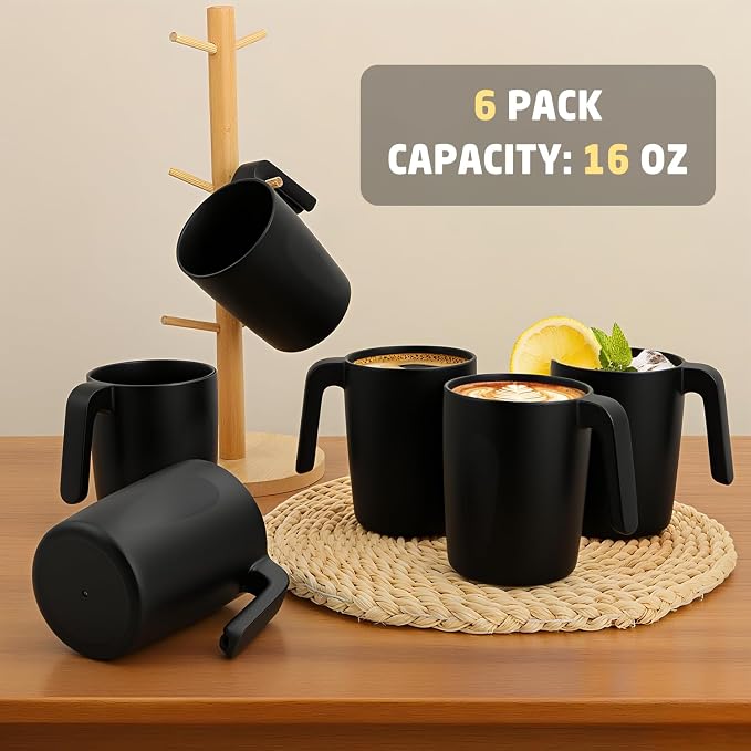 Wheat Straw Coffee Cups 16 OZ, Wheat Straw Cups with Handles, Unbreakable & Stacking Coffee Mugs Set of 6, Microwave & Dishwasher Safe Drinking Cups for Party, Camping, Kitchen - Black