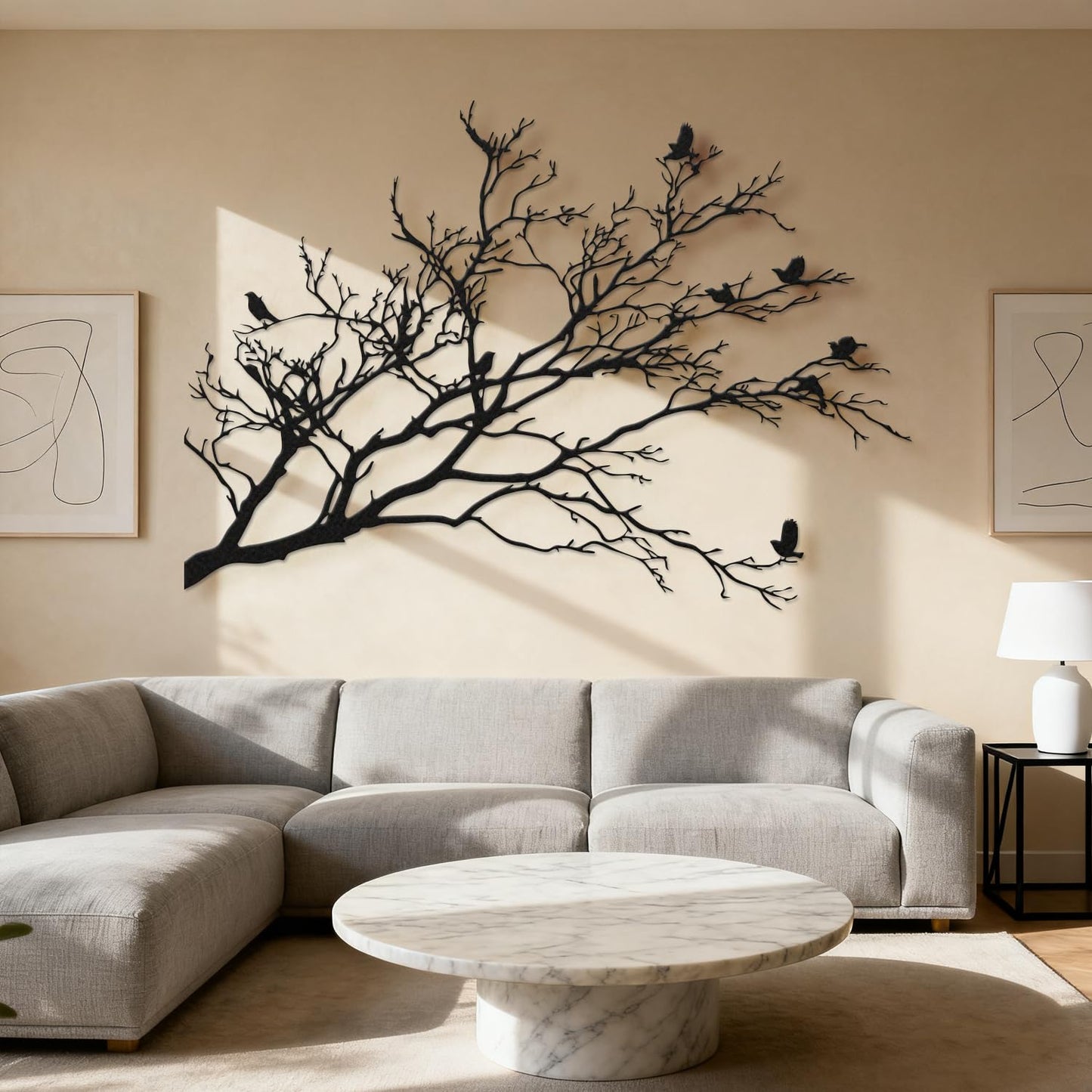 XXQ Branch and Birds Metal Wall Art – Flying Birds on Tree Branch Silhouette, Black & White Finishes, Nature Inspired Wall Decor for Living Room, Bedroom, or Hallway (White, 31" x 22" / 80 x 56 cm)