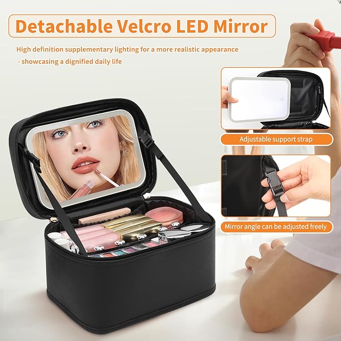 Makeup Bag With LED Mirror, Lightweight Travel Makeup Bag With 3 Color Setting Light Up Mirror Cosmetic Makeup Organizer Vanity Case for Women Beauty Tools Accessories Rechargeable Train Case-Black