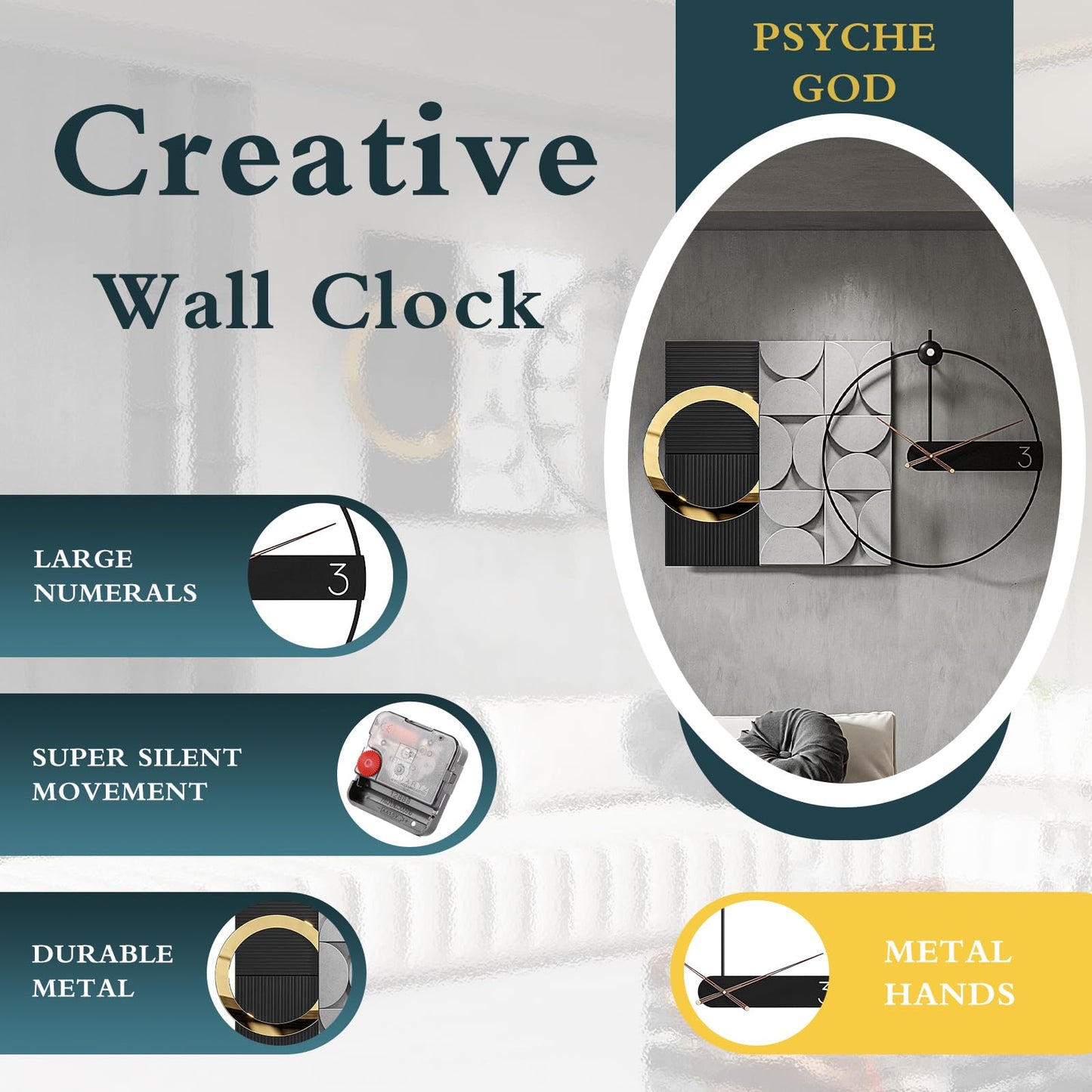 Mid Century Modern Wall Clock 3D Luxury Large Geometric Silent Non Ticking for Living Room Oversized Boho Farmhouse Mechanism, Big Unique Metal Fancy Clock Wall Decor for Bedroom Kitchen, Black 30×18"