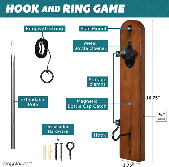 Play Platoon Hook and Ring Toss Bar Game for Adults - Wood Toss Ring Game for Adults - Perfect Home, Basements, & Bar Gifts