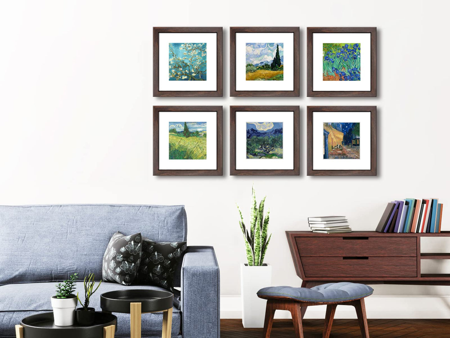 DEKWINN 8x8 Walnut Picture Frame Set of 6 with Real Glass for Pictures 5x5 with Mat or 8x8 Without Mat, Wall or Tabletop Gallery Photo Frames
