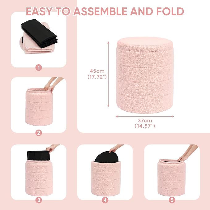PINPLUS Round Storage Ottoman Foot Rest Stool with Tray Velvet Sherpa Folding Storage Ottoman,Boucle Foot Rest for Living Room, Bedroom, Dorm（Pink）