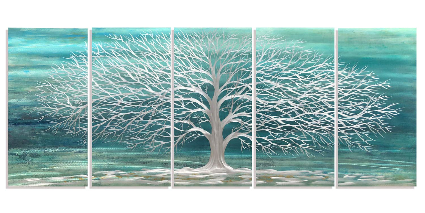 RICHSPACE ARTS Blue Green Metal Wall Art Silver Tree of Life 3d Artwork Extra Large Teal Sculpture Decor on Aluminum for Bedroom Living Room Kitchen Room Dining Room Walls Set of 5 Panels