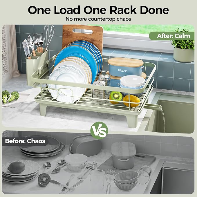 Urackify Dish Drying Rack for Kitchen Counter, Sink Dish Rack with Drainboard, Large Dish Drainer with Cups Holder, Home Countertop Plate Dryer Storage Rack with Cutlery Holder, Soft Celery Green