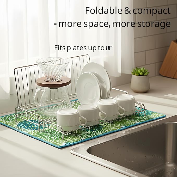 Collapsible Dish Drying Rack with Green Drying Mat, Small Expandable Dish Drying Rack, Compact Dishes Drying Rack for Kitchen Counter - Foldable, Stainless Steel, Silver