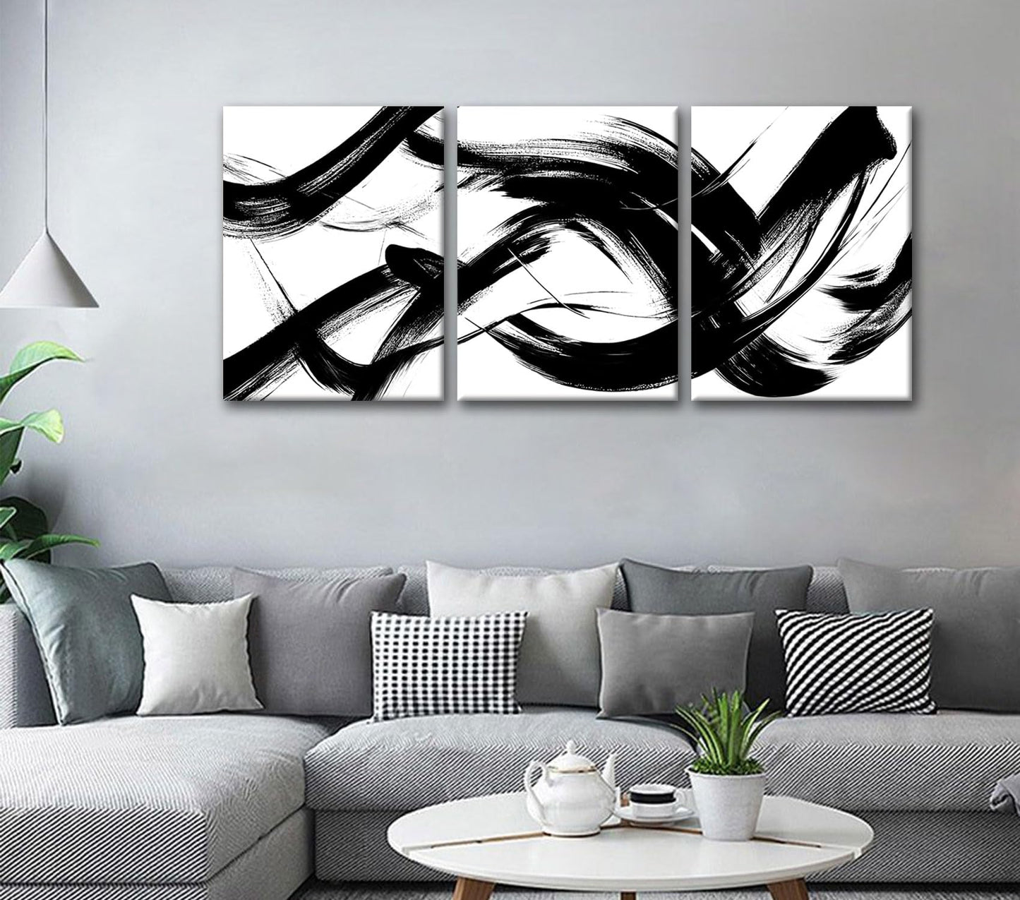 RUURUU 3Pcs Framed Black and White Abstract Wall Art Black Lines Canvas Wall Decor Brush Stroke Pictures Modern Minimalist Gallery Posters Paintings Prints For Living Room Bedroom Home Office 12x16 Inches