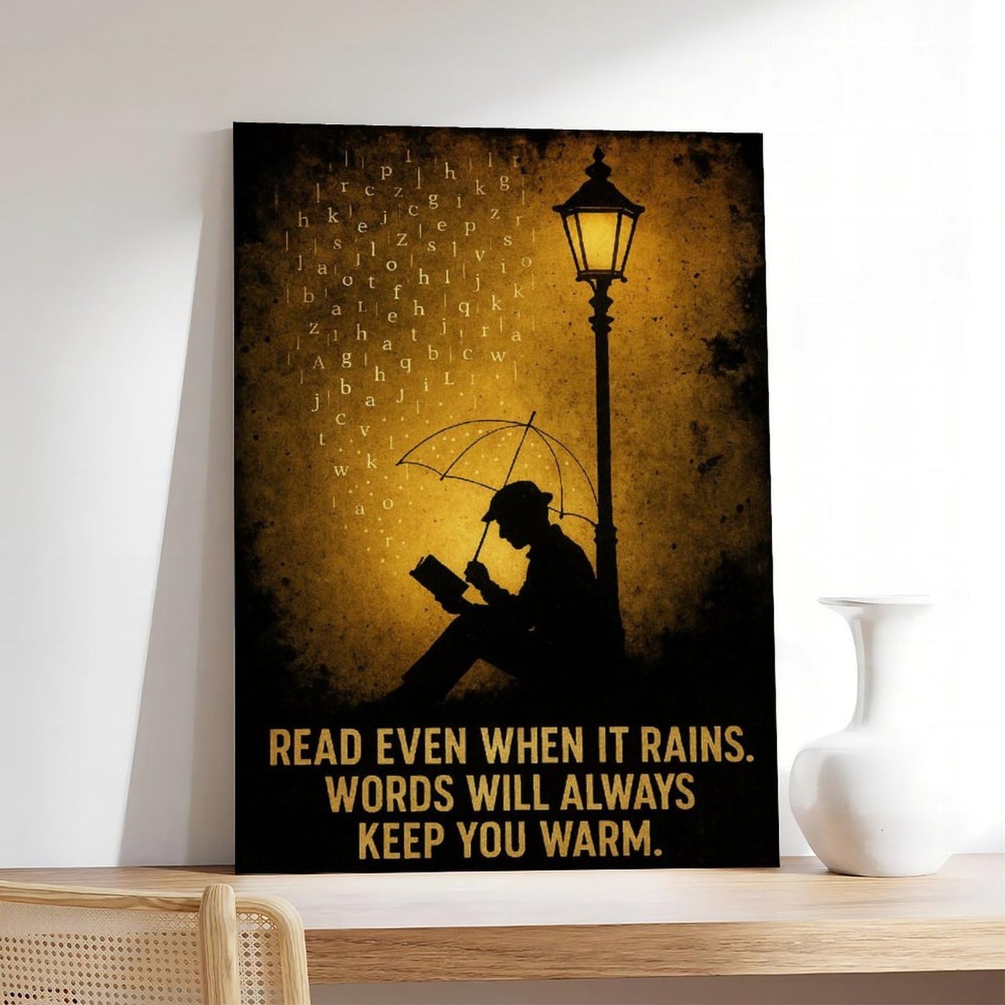 BMtyDG Readers on A Rainy Night, Ink Painting Style Literary Silhouette Canvas Poster Wall Art Prints Room Aesthetic Murals Bedroom And Living Decorations Frame 12x18inch