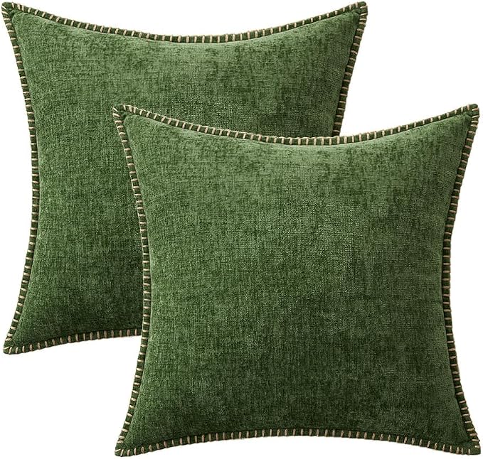 MIULEE Pack of 2 Couch Pillow Covers 18x18 Inch Moss Green Farmhouse Decorative Throw Pillow Covers with Stitched Edge Soft Chenille Solid Dyed Pillow Covers for Sofa Bed Living Room, Forest Green